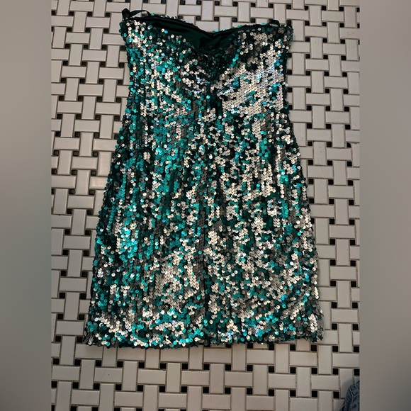 Sequin Strapless Dress in Green and Silver - Picture 2 of 5